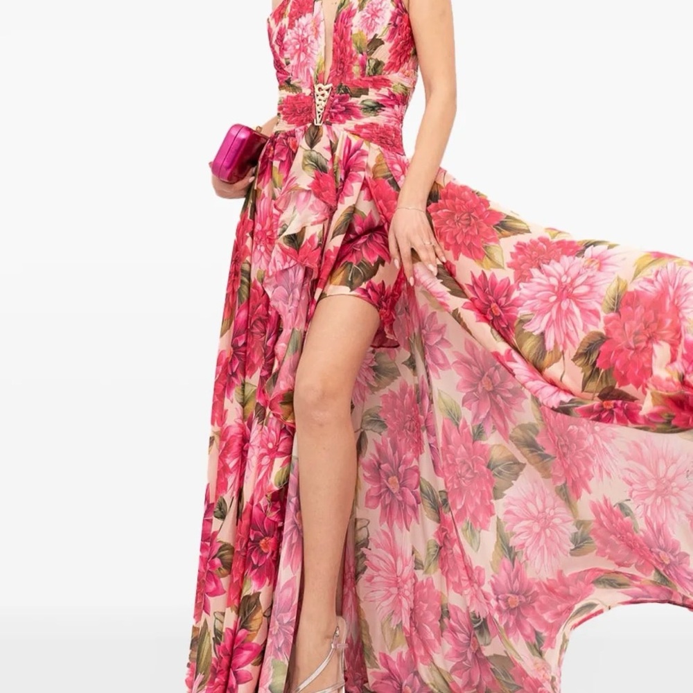 Cachet High Low Dress with Pink and Red Floral Design